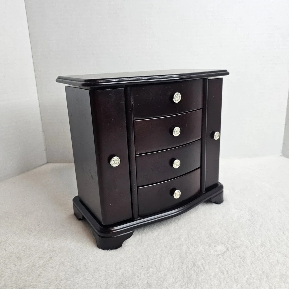 Brown Wooden Jewelry Box with Mirror, Velvet Lining, Drawers, Hooks for Jewelry